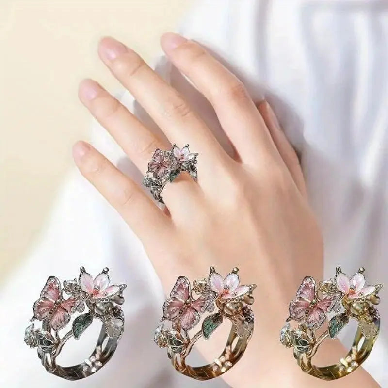 Vintage Oil Drip Ring - Butterfly & Flower
