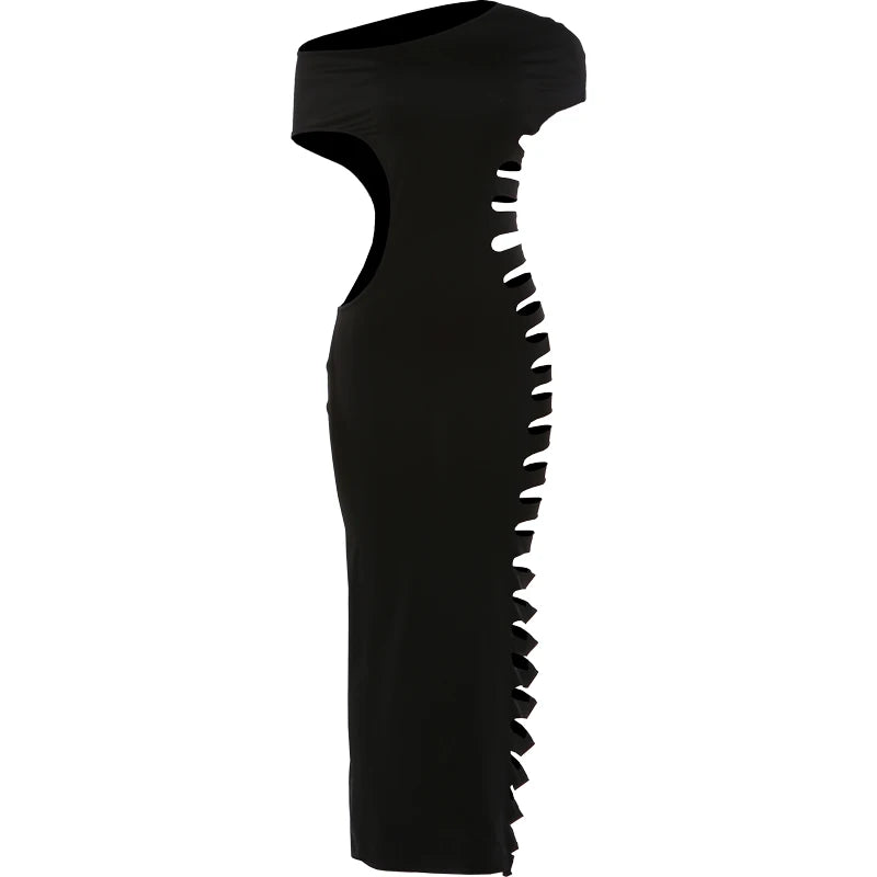 Sexy Hollow Design Skew Collar Maxi Dress