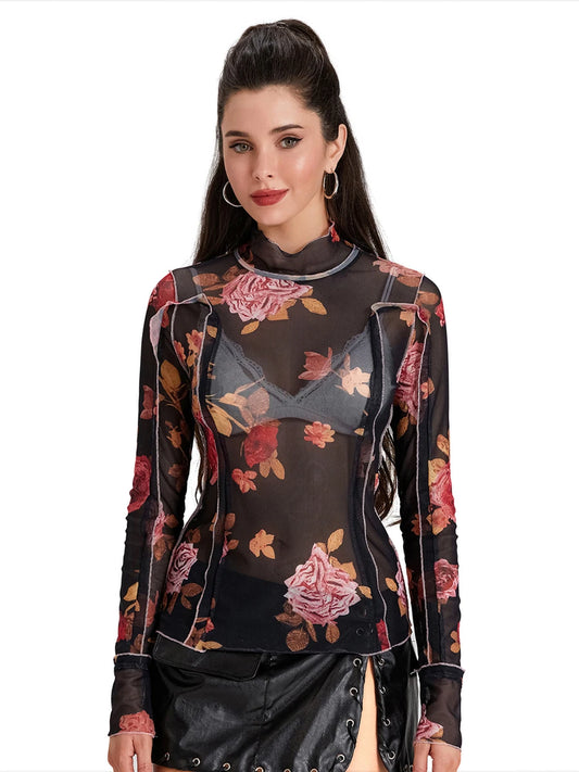 Women s Mesh Tops Floral Print T-Shirt