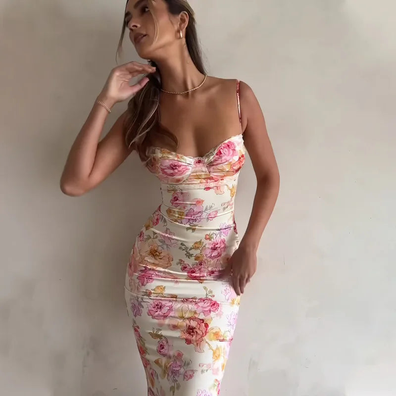 Floral Suspender Split Slim Sleeveless Dress
