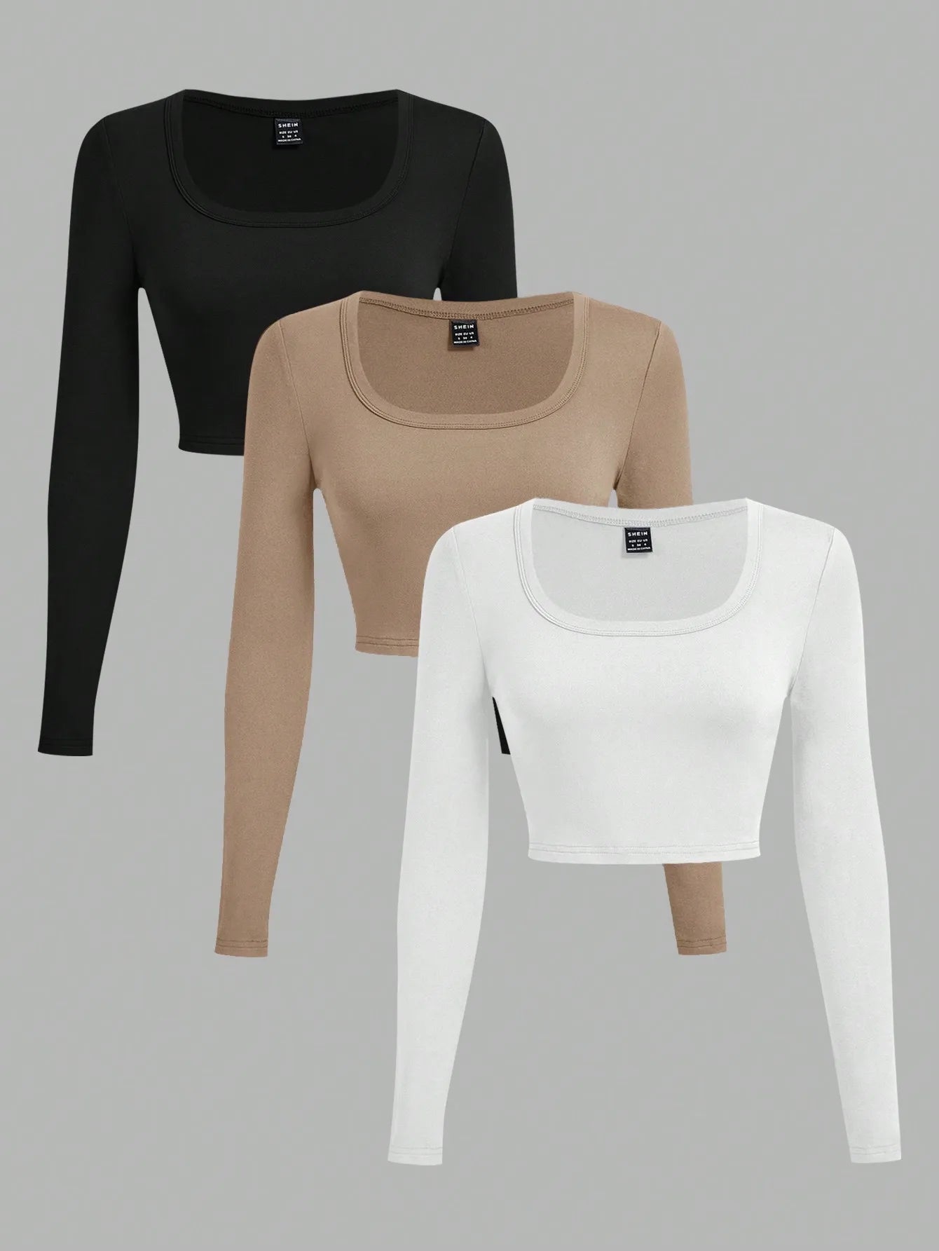 3-Pack Women's U-Neck Cropped Long Sleeve T-Shirts,