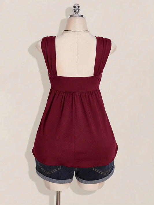 Wine Red Twist Front Sleeveless Babydoll Top,