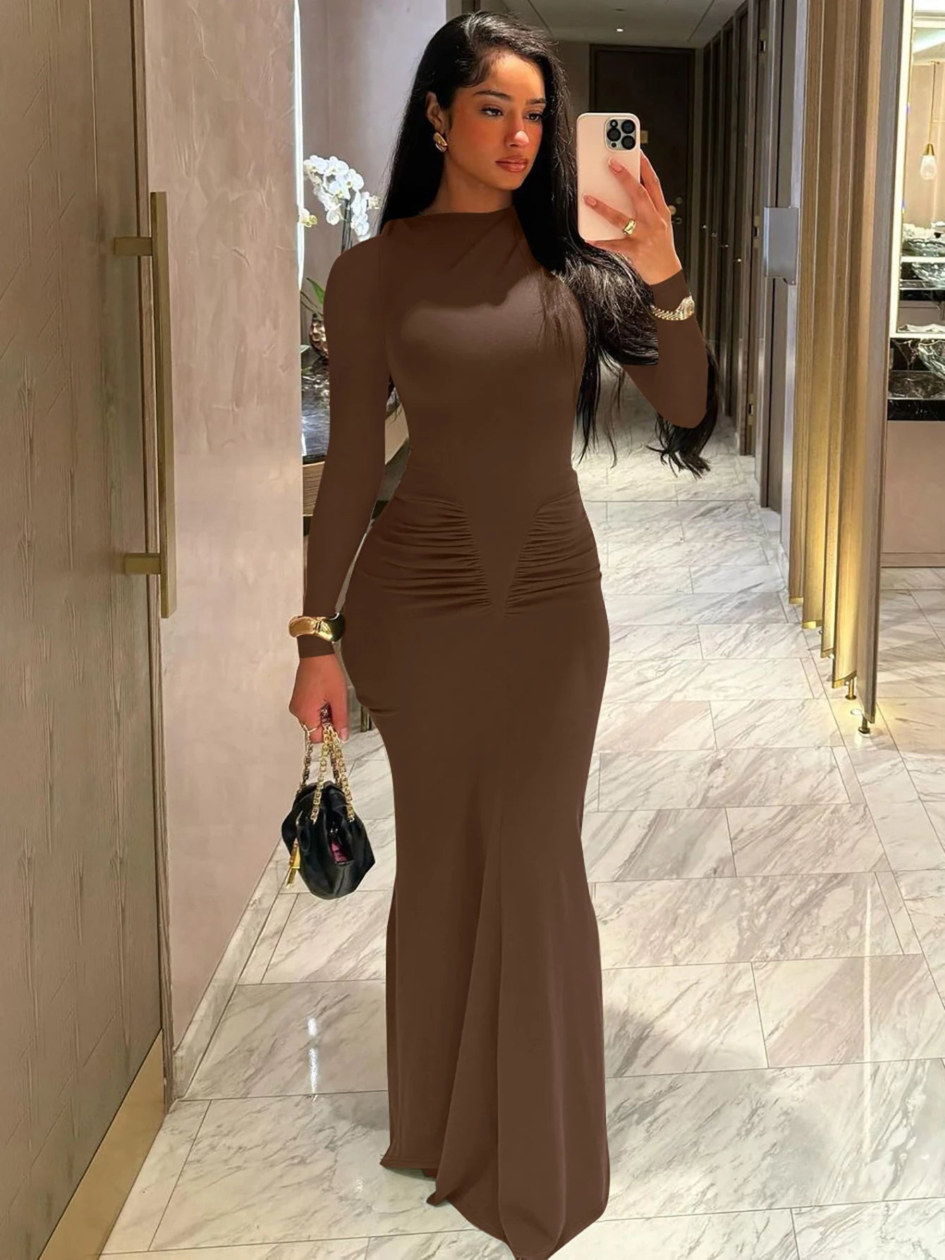 Long Sleeve Draped Sexy Bodycon Maxi Dress