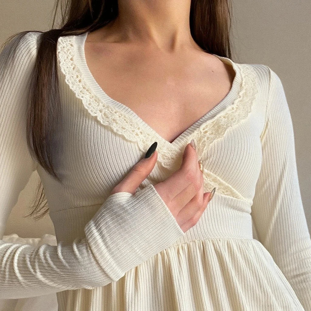 New Long Sleeve Lace Trimmed Wrap Blouse