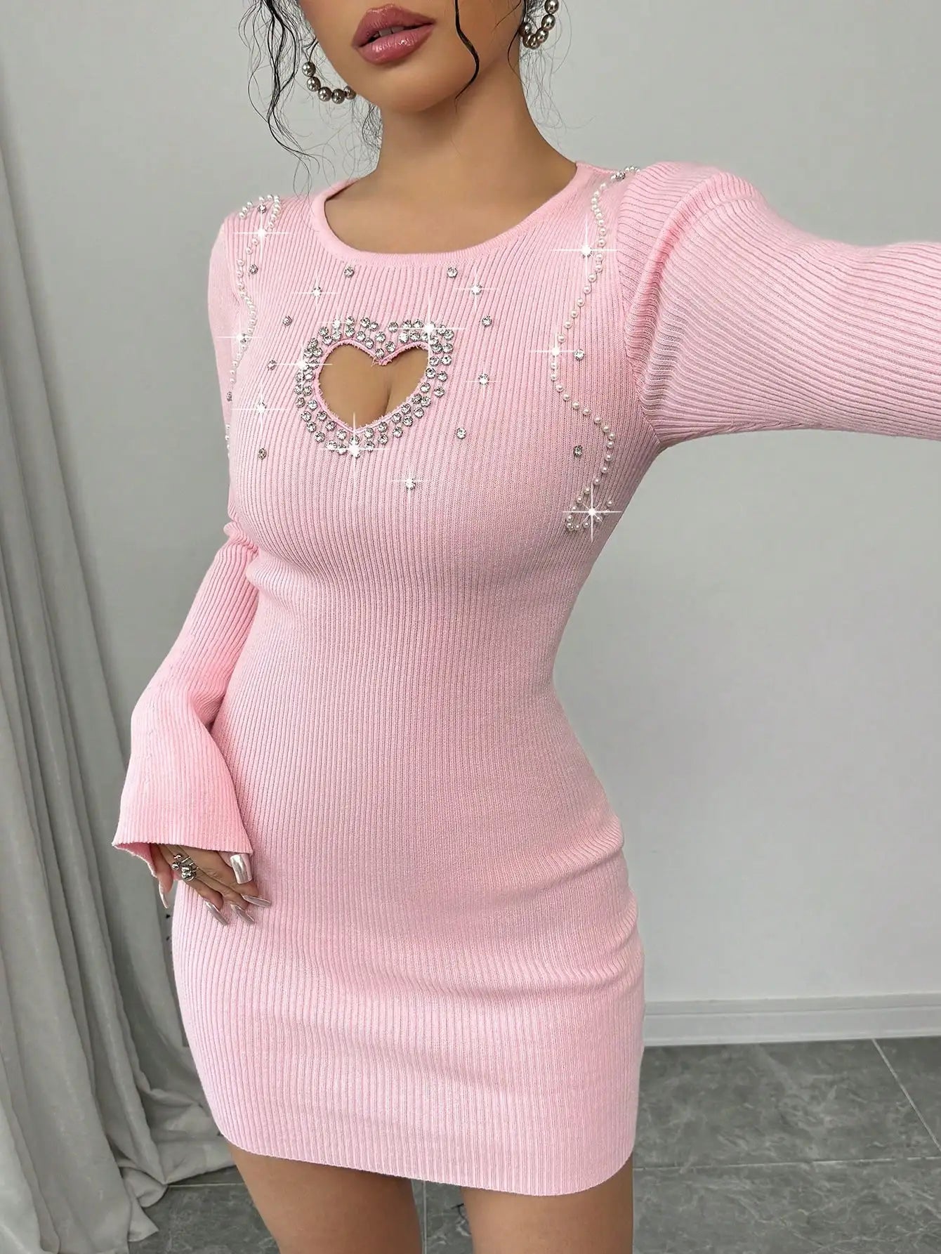 Pink Ribbed Knit Mini Dress