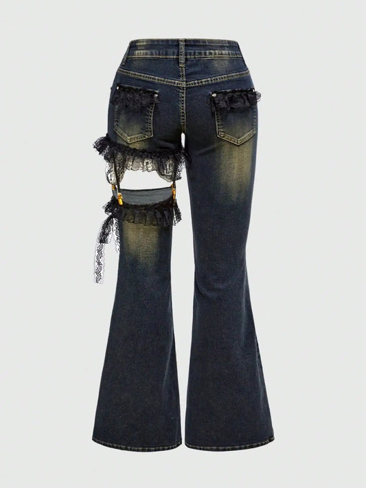Lace Patchwork Low Waist Flared Denim Jeans