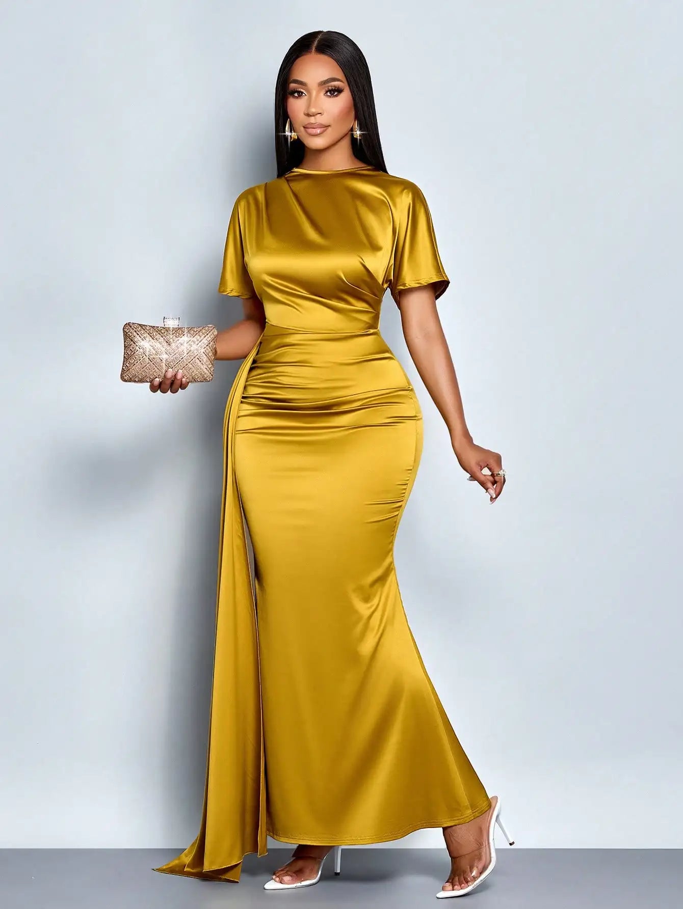 Elegant Gold Satin Maxi Dress