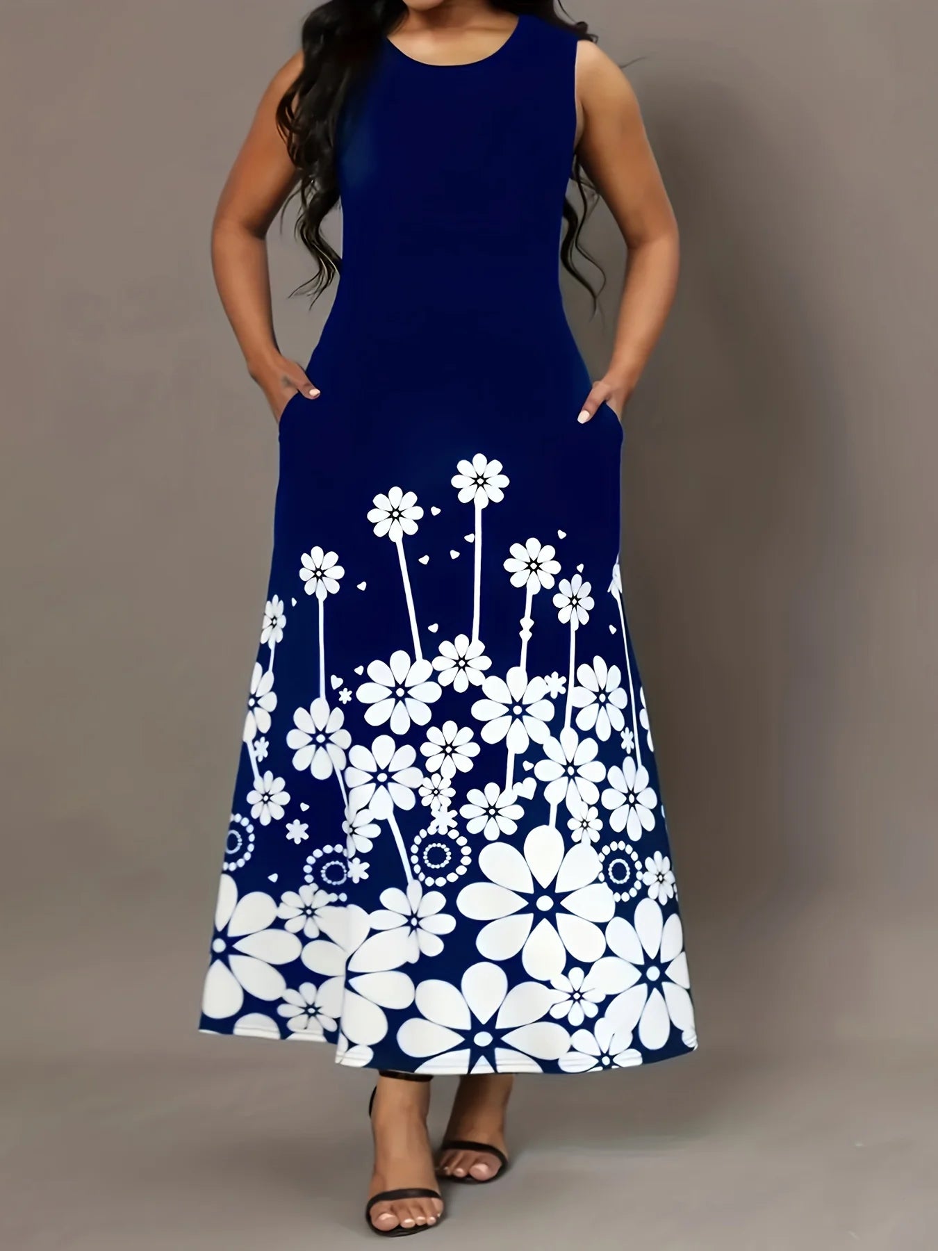 Black and White Floral Print Sleeveless Long Dress