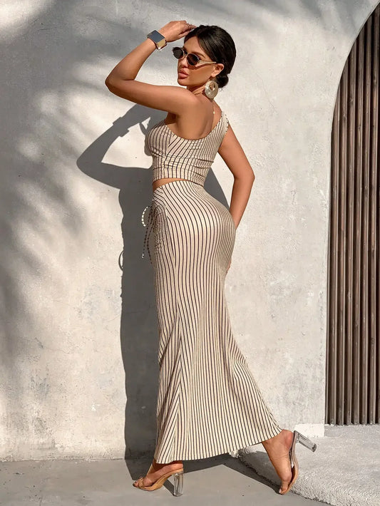 Casual Stripe Shoulder Pleated Two-Piece Set