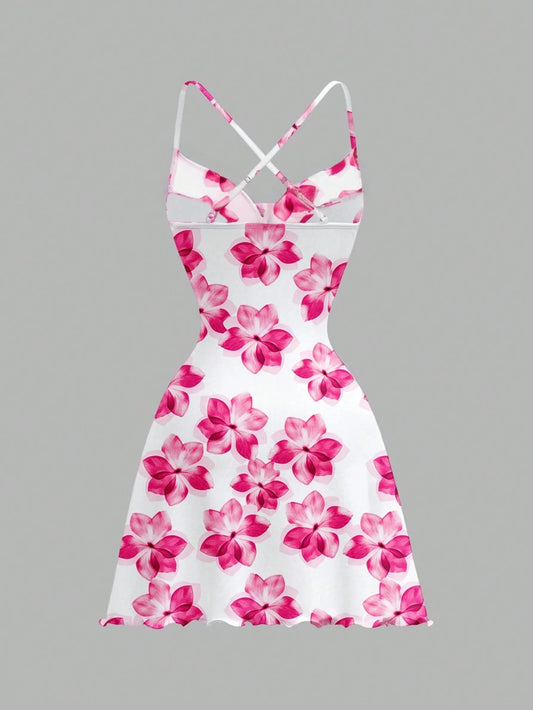 Off-Shoulder Backless Floral Print A-line Dress