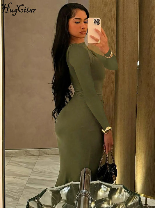 Hugcitar Autumn Solid Long Sleeve Draped Sexy Bodycon Maxi Prom Dress Women Fashion Y2K Outfits Evening Party Festival Club