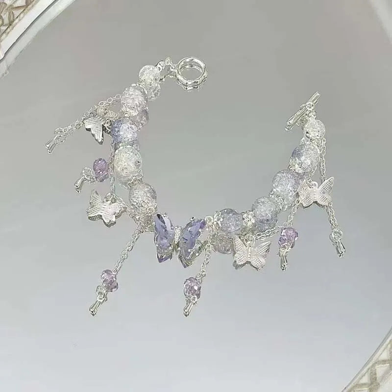 Crystal Flowers Butterfly Pendant Beaded Bracelet
