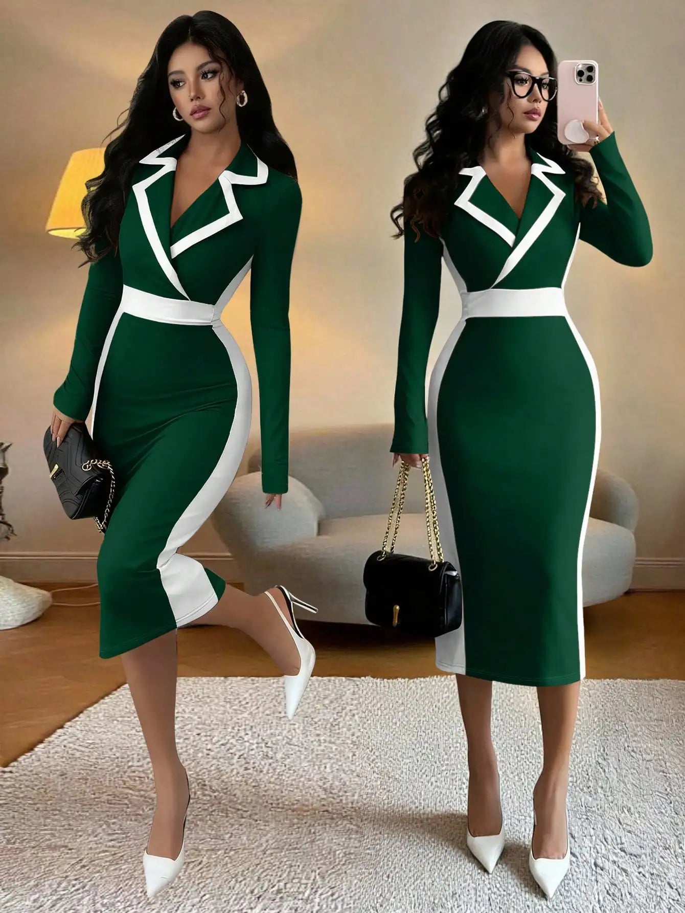 Black & White Contrast Blazer Collar Bodycon Dress,