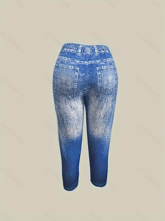 Elegant Floral Print Faux Denim Leggings,