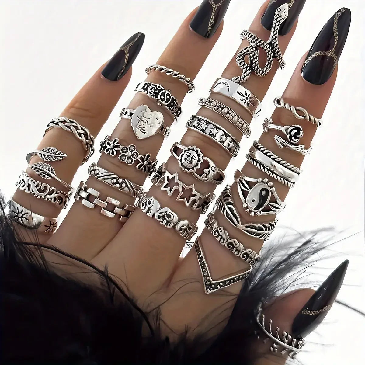 Bohemian Stacking Rings Set 25Pcs Silver Tone