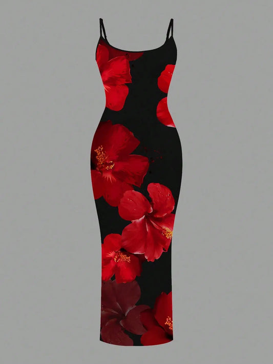 Elegant Black Red Floral Maxi Dress
