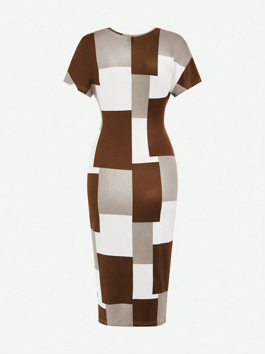 Deep V Neck Color block Midi Dress
