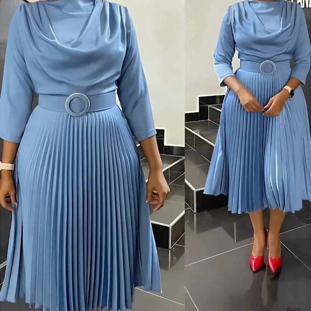 Fashionable Pure Color Pleated Midi Dress