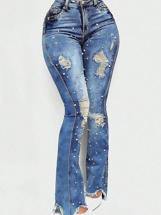 High Waisted Ripped Flared Jeans