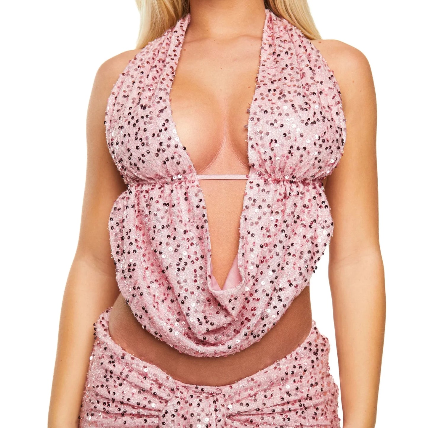Sparkling Sequins Halter Neck Tie-Up Backless Tank Top