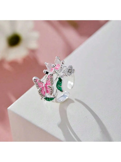 Vintage Oil Drip Ring - Butterfly & Flower