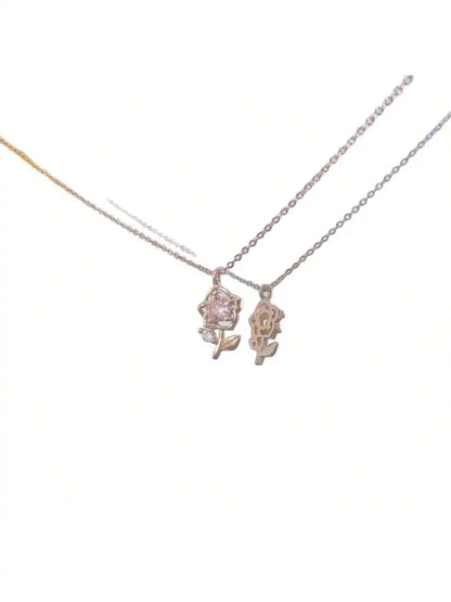 1pc Rose Gold Pink Diamond Rose Necklace