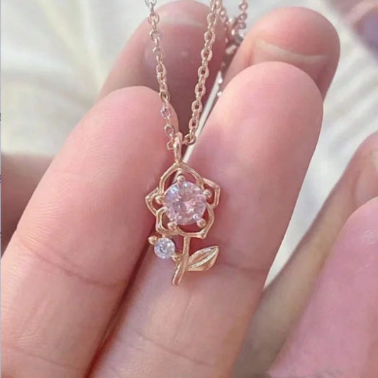 1pc Rose Gold Pink Diamond Rose Necklace