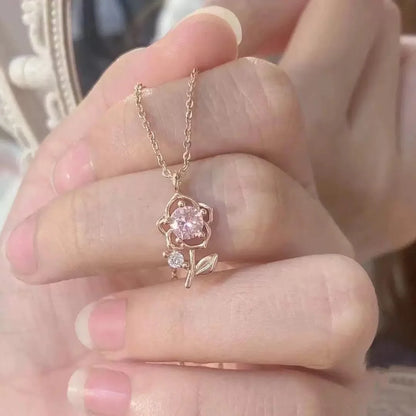 1pc Rose Gold Pink Diamond Rose Necklace