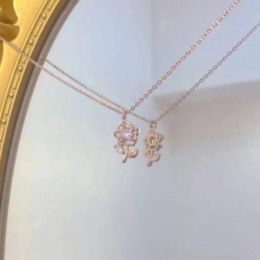 1pc Rose Gold Pink Diamond Rose Necklace