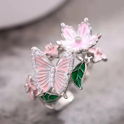 Vintage Oil Drip Ring - Butterfly & Flower