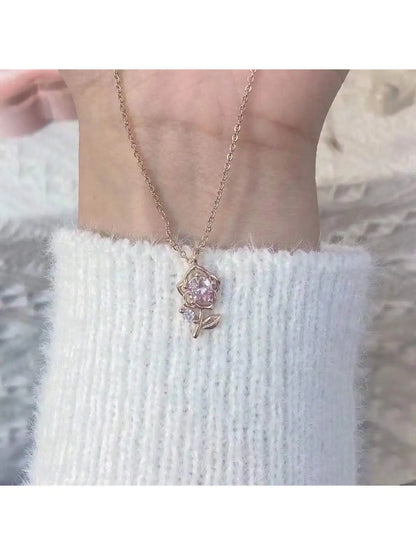 1pc Rose Gold Pink Diamond Rose Necklace