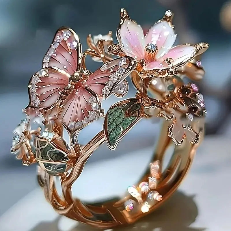 Vintage Oil Drip Ring - Butterfly & Flower