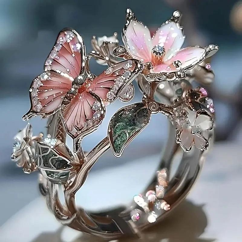 Vintage Oil Drip Ring - Butterfly & Flower