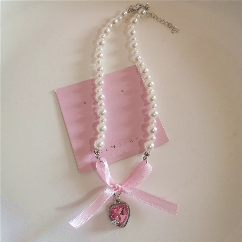 Bowknot Heart Pendant Beaded Pearl Chain Necklace
