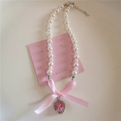 Bowknot Heart Pendant Beaded Pearl Chain Necklace