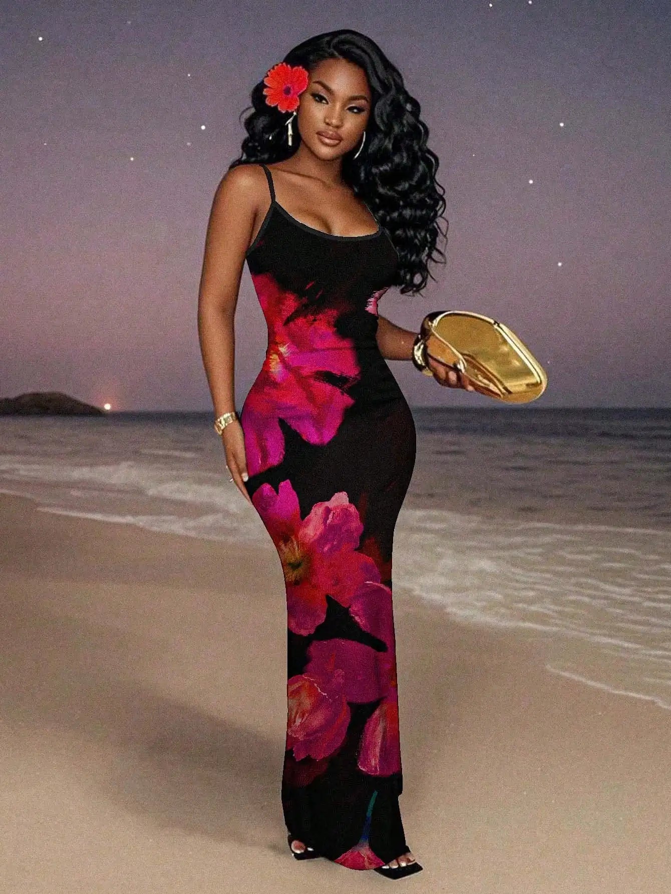Elegant Black Red Floral Maxi Dress