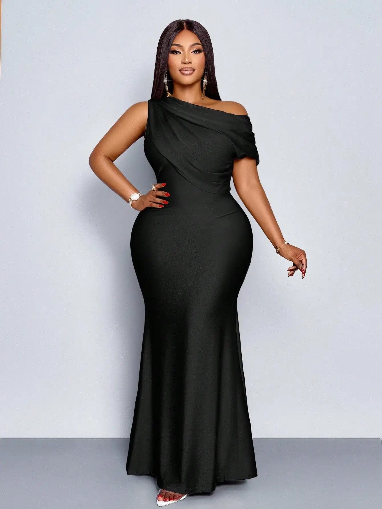 Elegant Off-Shoulder Plus Size Fishtail Evening Dress in Shiny Apricot for Wedding Party