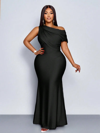 Elegant Off-Shoulder Plus Size Fishtail Evening Dress in Shiny Apricot for Wedding Party