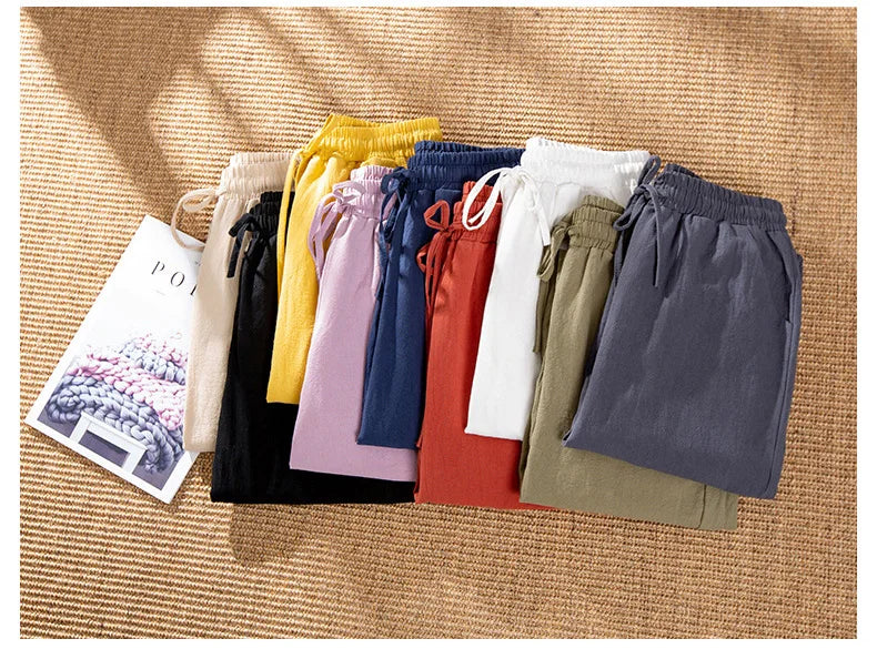 Cotton Linen Solid Elastic Waist Pants