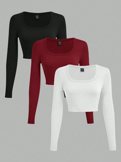 3-Pack Women's U-Neck Cropped Long Sleeve T-Shirts,