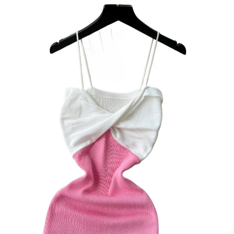 Color Block Spaghetti Strap V-Neck Twist Sundress