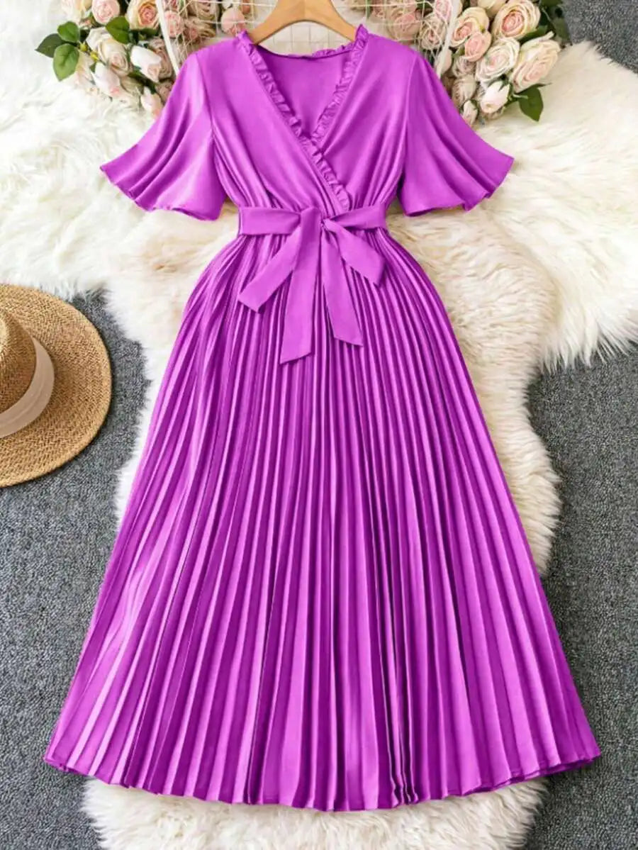 V-Neck Wrap Tie-Waist Pleated Maxi Dress