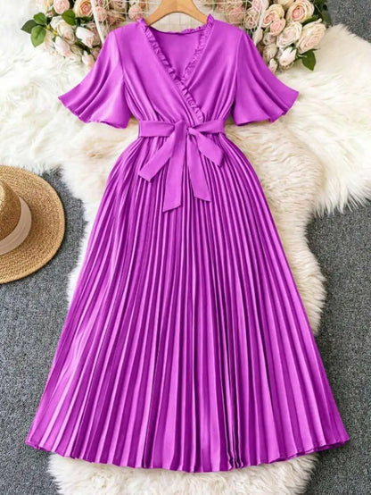 V-Neck Wrap Tie-Waist Pleated Maxi Dress