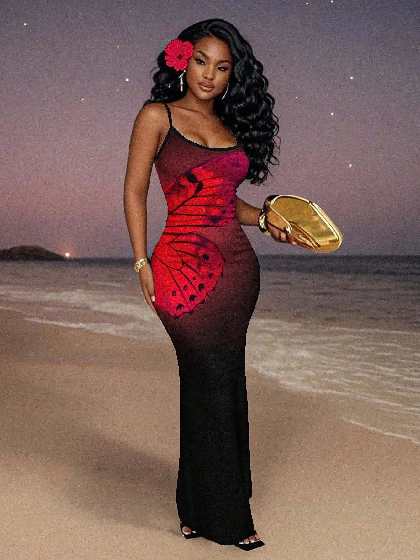 Elegant Black Red Floral Maxi Dress