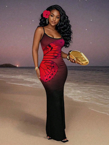 Elegant Black Red Floral Maxi Dress