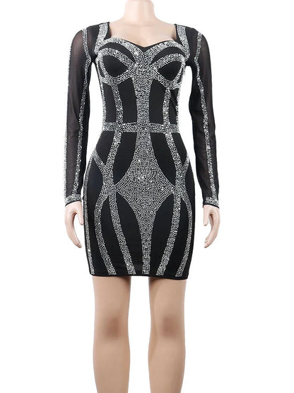 Sparkle Black Rhinestone Bodycon Mini Dress