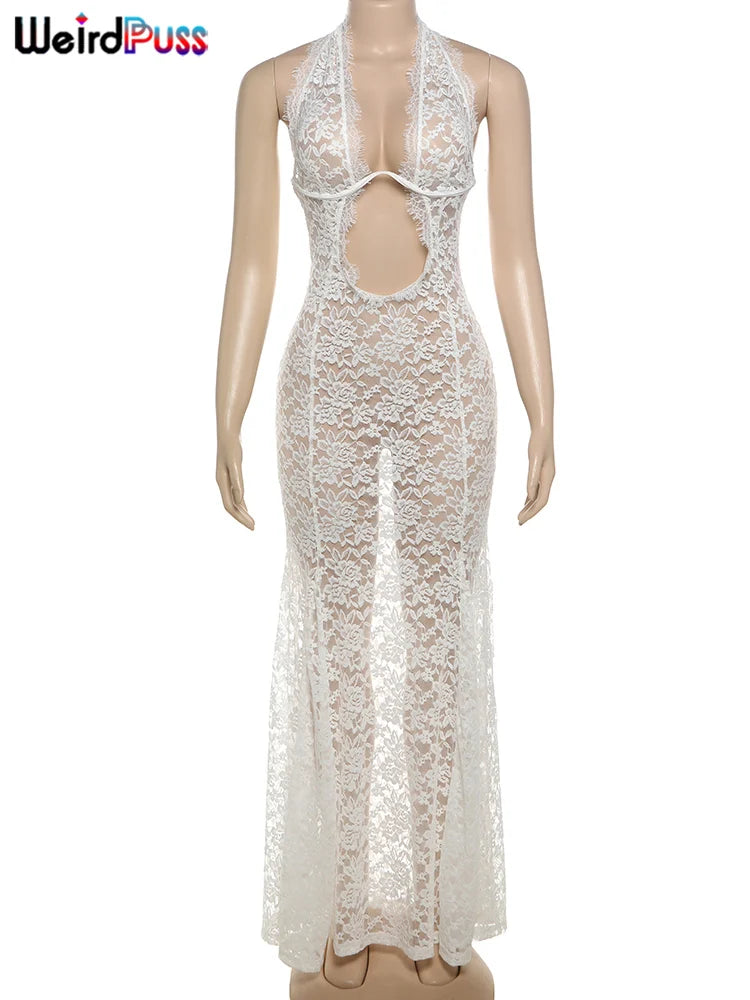 Weird Puss Lace Sexy Halter Dress