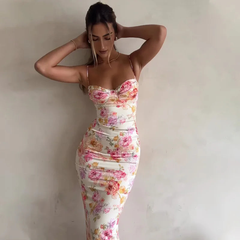 Floral Suspender Split Slim Sleeveless Dress