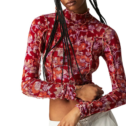 Women s  Mesh Tops Floral Print T-Shirt