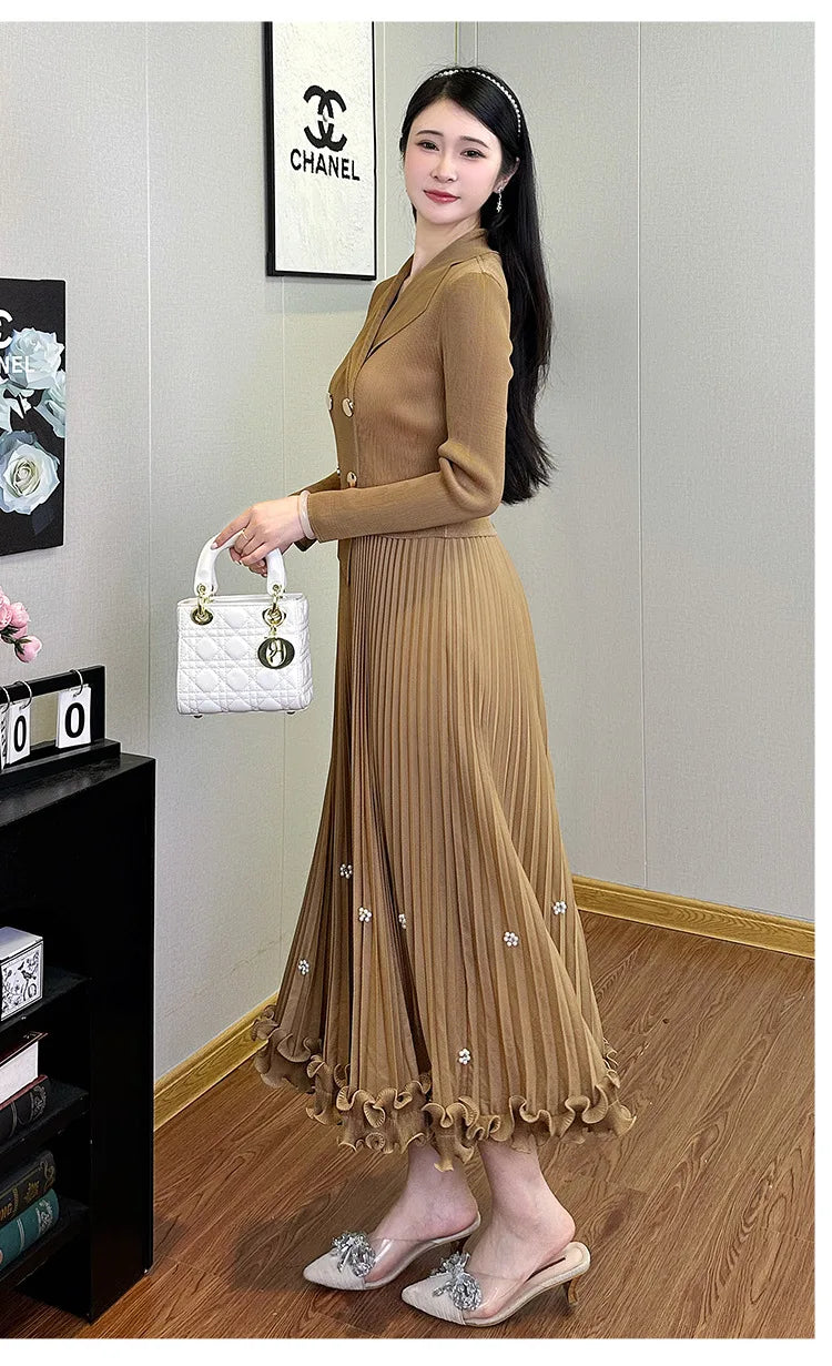 Pleated Long Dress Double Breasted